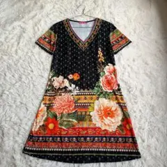 【フランス製】101 IDEES　ラインストーン　花柄　総柄　ジャージー　ワンピ