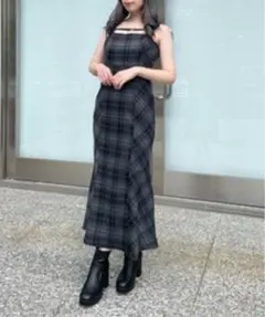 キャミソールロングワンピース ブラック系チェック