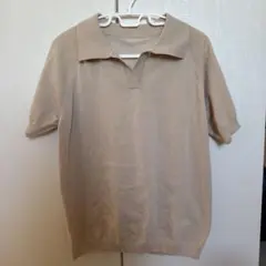 ベージュ 半袖 ニットポロシャツ