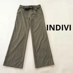 【日本製/美脚】 INDIVI リヨセル混 ウエストリボンワイドパンツ 光沢感