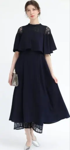 新品　ヤマダヤ　Rire Fete　ケープライクレースレイヤードドレス　ネイビー