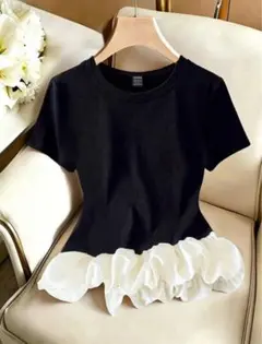 SHEIN レディース 半袖Tシャツ フリルヘム ブラック
