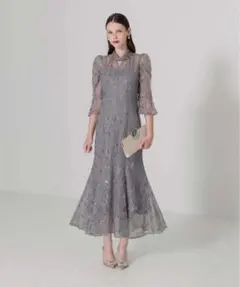 スパンコール花柄パフスリーブマーメイドワンピースドレス（結婚式成人式パーティー）