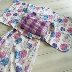 花柄浴衣と紫チェック帯セット　紫陽花　浴衣ドレス　100-110