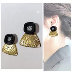 アンティークボタンとパールビーズ＋ゴールド透かしパーツのピアス