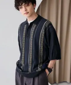 MONO-MART ストライプ柄 ポロシャツ ネイビー系