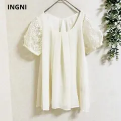 イング　半袖ブラウス トップス M 白　花柄レース　バックリボン　シフォン素材