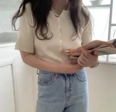 LAUIR リブ半袖ニットカーディガン ラウアー