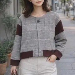 ZUCCA　ウール混　チェック　カーディガン　レディース　グレー　長袖　日本製
