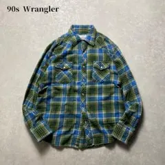 90s Wranglerチェックウエスタンネルシャツ長袖グリーンブルーフランネル