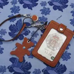 本革 手縫い 伸縮リール付きパスケース、カード入れ