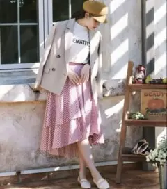 ストライプ×チェック切替 アシンメトリー　フレアスカート