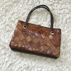 レトロ パッチワーク調 ハンドバッグ ブラウン がま口ヴィンテージ風