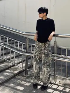 【即日発送】リアルツリー柄 カモ柄 迷彩 プリントデニム ワイドパンツ L