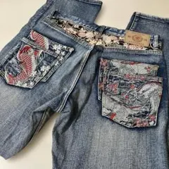 豊天商店 ジーンズ L パッチワーク 和柄 桜 鯉 刺繍デザイン デニムパンツのサムネイル