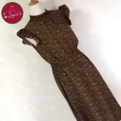 レトロ ワンピース 小花柄 ノーカラー ノースリーブ フリル 古着 茶 緑 桃