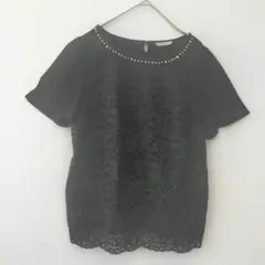 【美品】ローズティアラ レース切替カットソー ビジュー付 42 大きいサイズ 黒のサムネイル