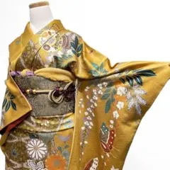 振袖　金彩　金駒刺繍　藤　菊花　蝶　松竹梅　着物　121b p ms