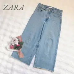 ザラ◆ワイド デニムパンツ(L)ライトブルー カットオフ スタイルアップ ザラ女