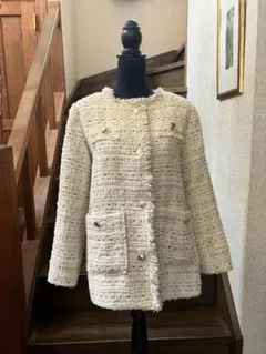 【新品】 ホワイト ツイード ノーカラージャケット