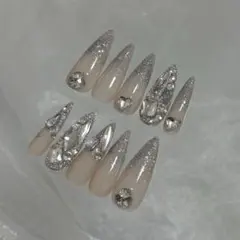 ネイルチップ ギャルネイル ロング 埋め尽くし　ハート　ワンホン シルバー