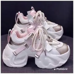 韓国系厚底スニーカー白ピンク24cm