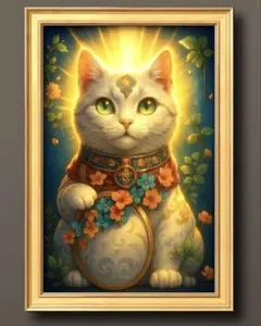 福を呼び込む光の招き猫　開運グラフィック　額縁付きでインテリアにも最適