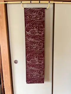 M3 京都　西陣　かつやま　斜々子　手織　袋帯 六通　魚模様 バーガンディ