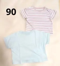 90cm/半袖Ｔシャツ2枚セット/水色ピンク白ボーダー無地/GU西松屋