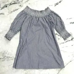 FOREVER21 オフショルダー ブラウス ストライプ　五分袖 ブルー系 S