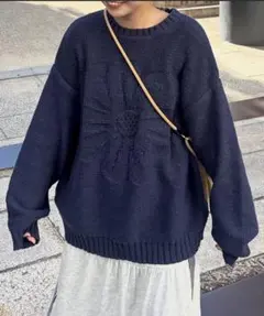 CPCM 同色花柄ジャガードニット S ネイビー