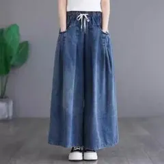 デニム ワイドパンツ ガウチョパンツ ゆったり 体型カバー　通年　楽チン　着痩せ