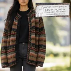 【美品】アルパカ70% ニットカーディガン 総柄 FREE ウール混