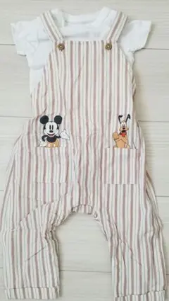 H&Mベビー ディズニー ミッキーサロペット ストライプ  カバーオールセット