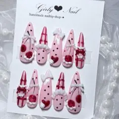 Ｎｏ．現品 ネイルチップハンドメイド ロングさくらんぼチェック手書きハート韓国