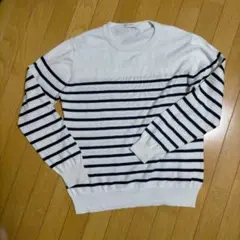 美品 カシミア混 メンズ ストライプニットセーター 白/ネイビー M Ｌ XL