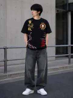 戦武×雅結 XL 和柄Tシャツ 黒 桜 武将のサムネイル