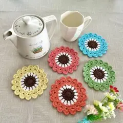 カラフル　手編みドイリーコースター茶托ガーランドアップリケ　5枚　ハンドメイド