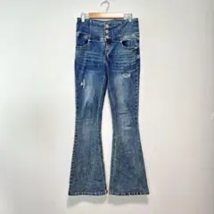 GORGE ハイウエスト ブーツカットデニム ダメージ加工　ライトインディゴのサムネイル