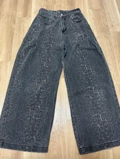 レオパード柄 豹柄 ワイドデニムパンツ レディース