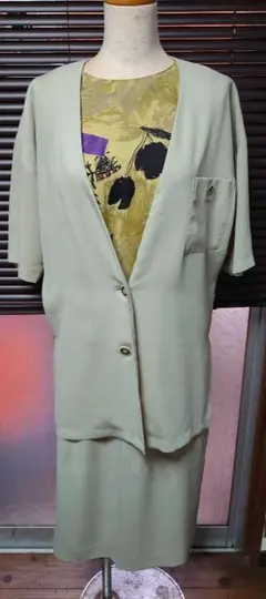 昭和レトロツーピースセット グリーン系 薄い緑 ビンテージ 古着大きいサイズ