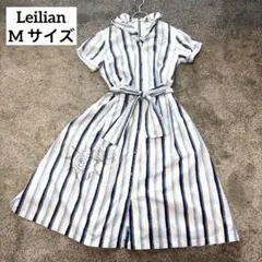 レリアン フリル コットン ワンピース ブルー ストライプ M 半袖リボン刺繍