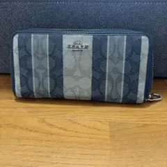 COACH長財布シグネチャーデニムジャガード.ストライブ.ブルー男女兼用.