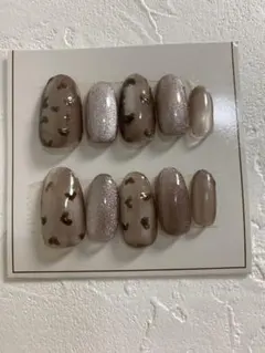 ブラウン ハート模様 ネイルチップ 10個セット ハンドメイド