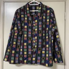 レディース 長袖シャツ 柄シャツ 切手 総柄 ブラック 黒 昭和レトロ