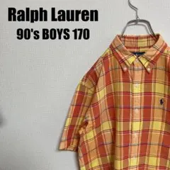 90sラルフローレングッドカラーボタンダウンチェックシャツ半袖170ワンポイント