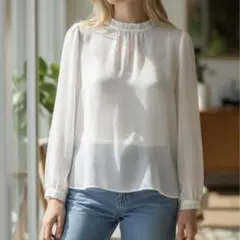 美品 フィフス fifth ブラウス M 白 長袖 ラウンドネック バックボタン