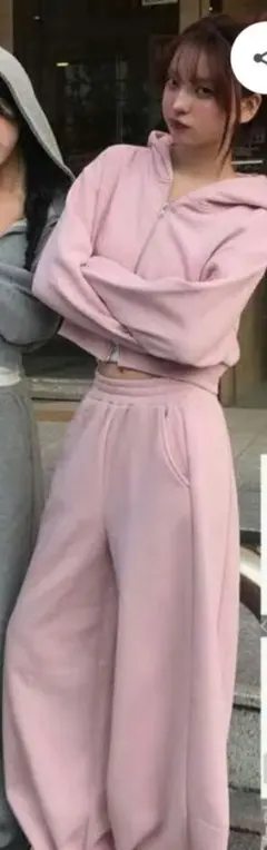 ダブルジップパーカー×ワイドパンツ裏起毛スウェットセットアップru1331