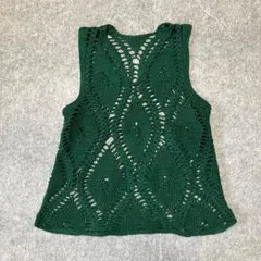 手編み ニットベスト Vネック 透かし編み 深緑 Y2K 個性的 古着MIX