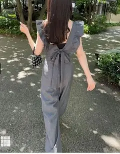 GRL バックりぼんショルダー フリルオールインワン　グレー　Lサイズ